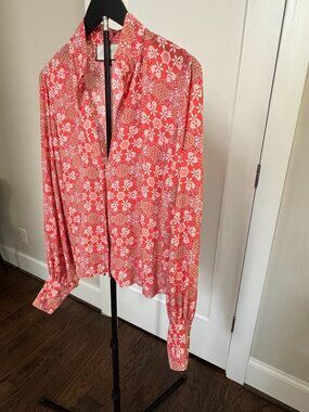 Terracotta Orange, Tan and Cream Geo Floral Button Down Shirt US Size Large